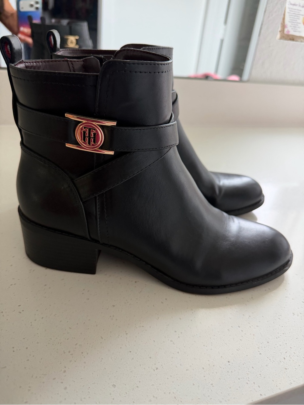Tommy Hilfiger Black Leather Ankle Booties with Gold Logo Accent